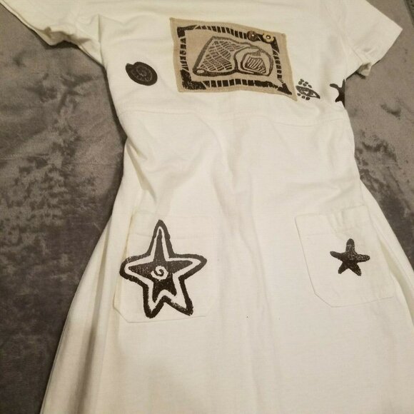 Piccalino Petite White Belted Maxi Dress Size 10P Appliqué Star Pockets Casual - Picture 6 of 7